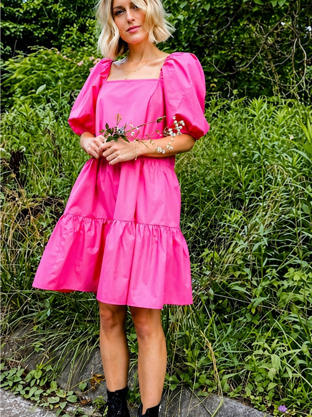 H&M Cerise Pink Smocked Puff Sleeve Dress XS Oversized Babydoll Cottagecore